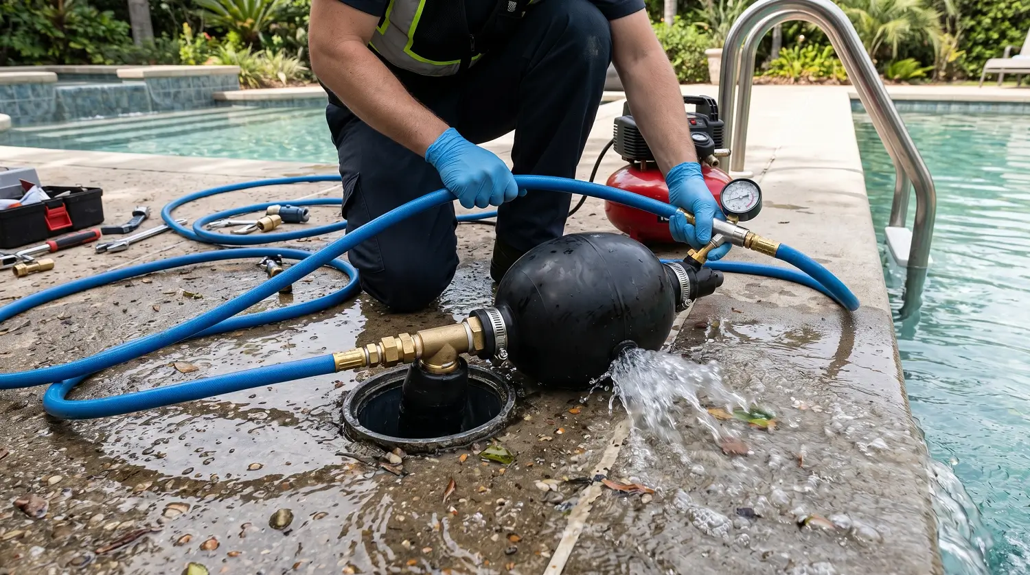 Person using a drain bladder connected to a garden hose to flush and clear a clogged pool plumbing line.