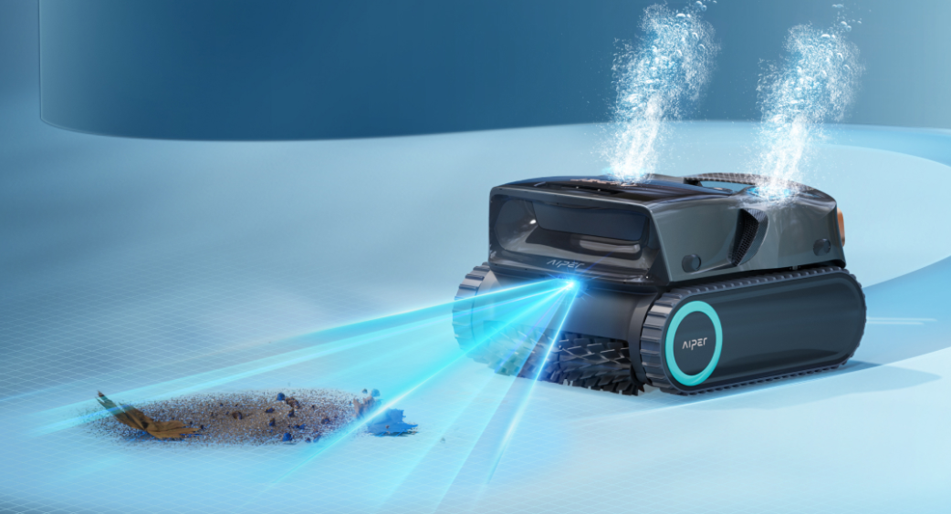 Aiper robotic pool cleaner removes organic debris from the pool floor, helping maintain chlorine levels and reduce pump runtime.