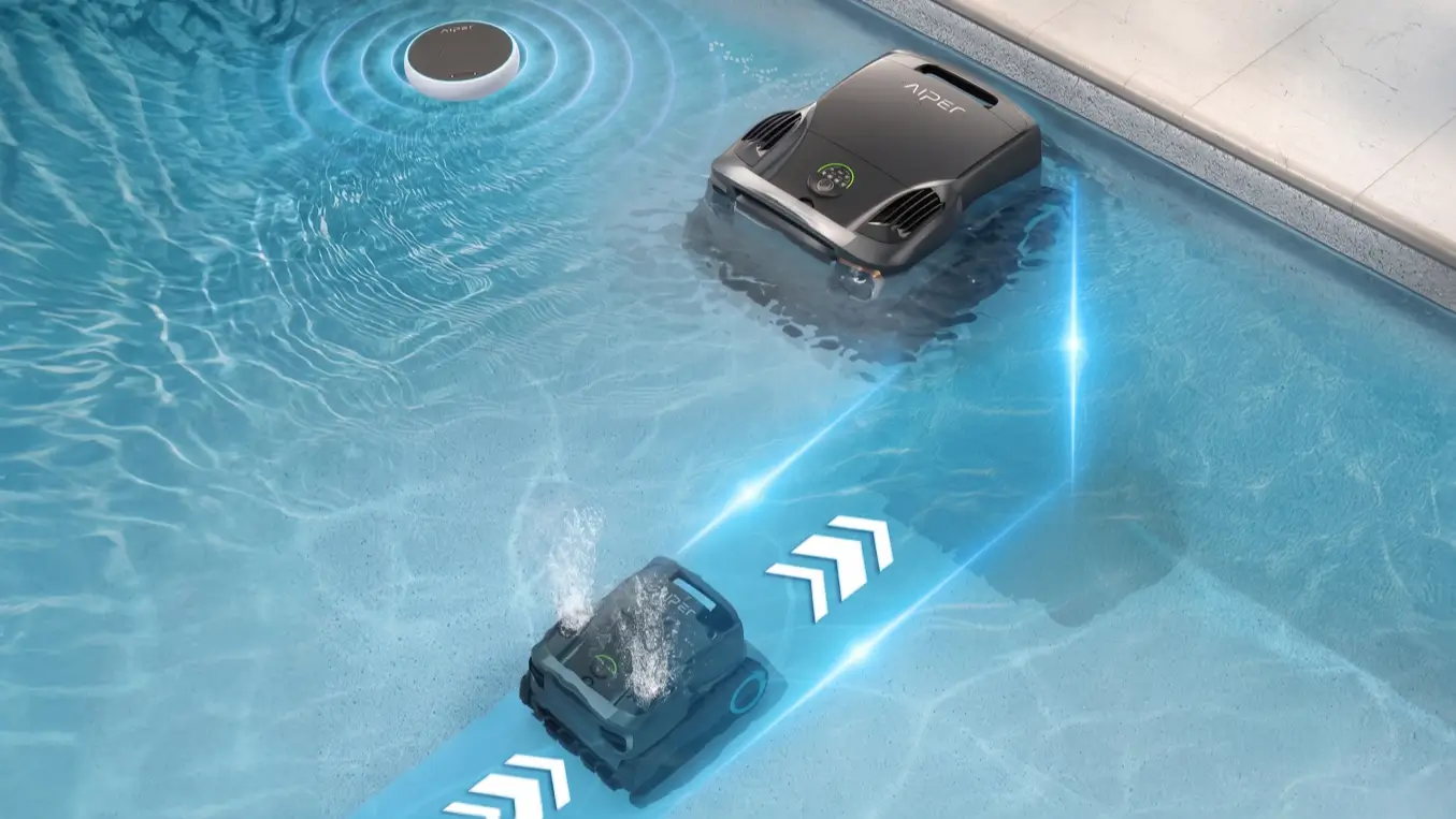 Aiper Scuba X1 Pro Max robotic pool cleaner showing smart navigation path in clear pool water, free of floating pool toy obstacles.