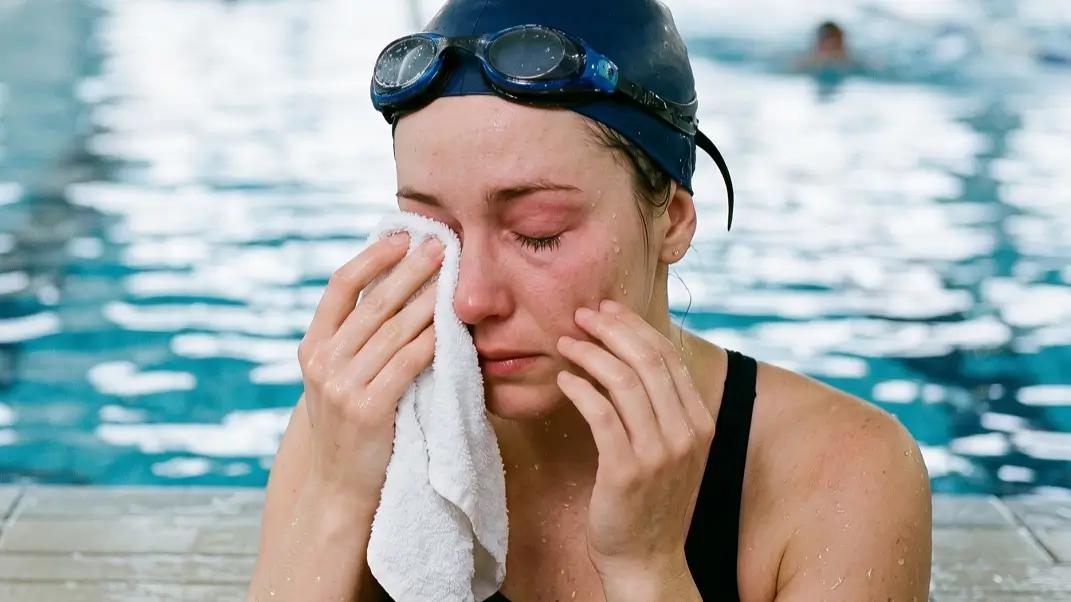 A swimmer rubbing their red, irritated eyes on the pool edge after experiencing high chlorine exposure.