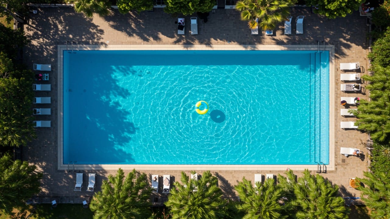 Aerial view of a clean winter swimming pool, maintained with proper salt chlorinator runtime and robotic pool cleaners.