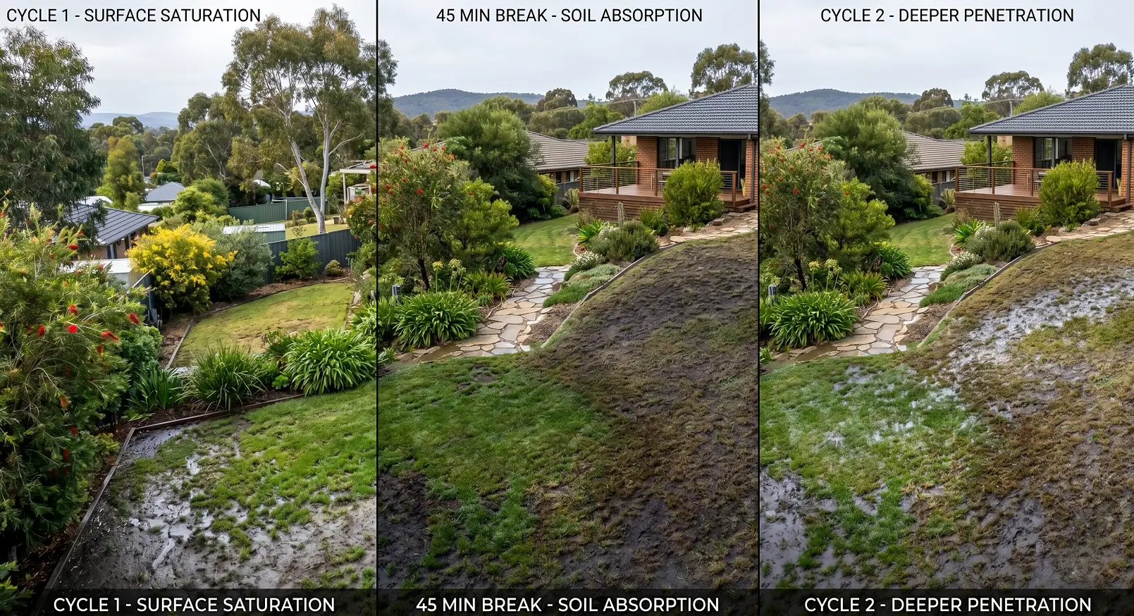 Cycle and soak irrigation method showing water absorption stages on sloped lawn
