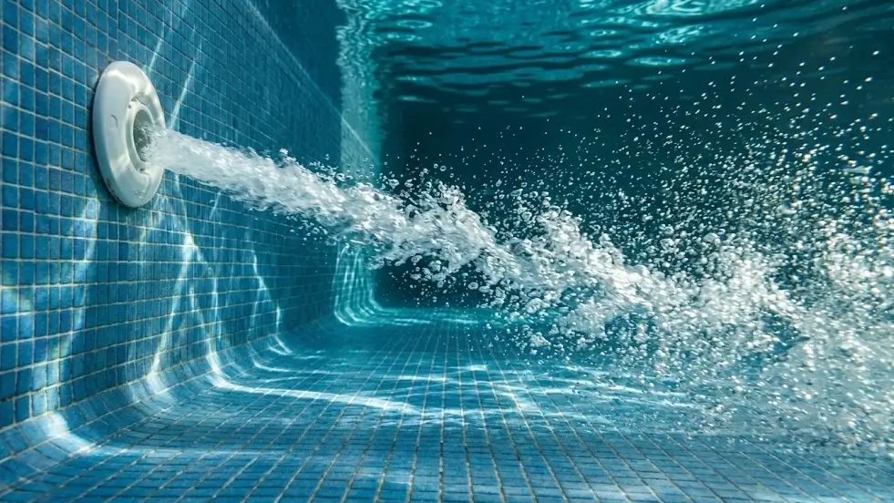 Underwater downward angled deep helper pool jet stirs settled fine sediment from swimming pool deep end floor for better circulation.