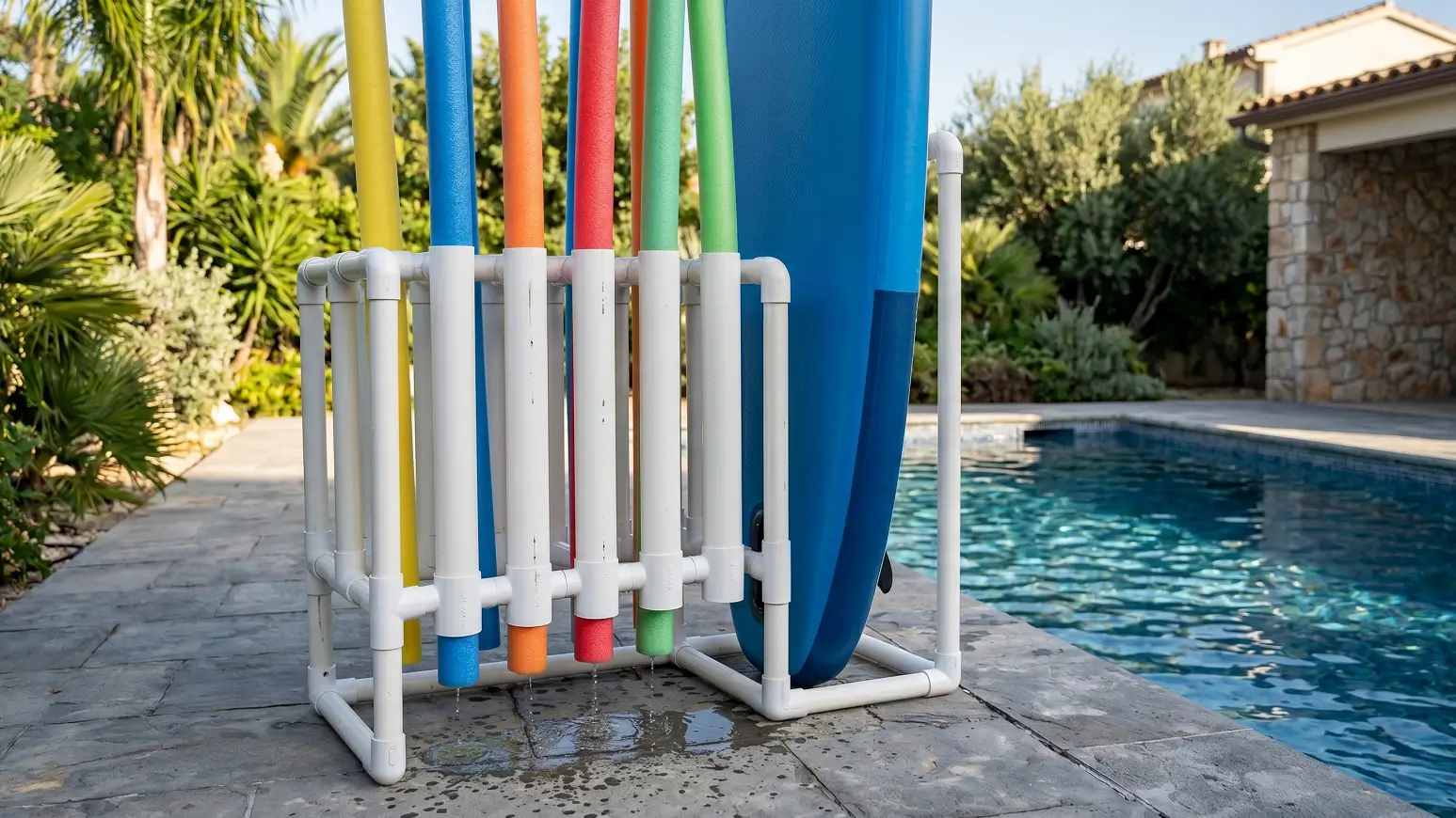 Custom DIY slatted PVC pipe rack vertical storing pool noodles and paddleboards for quick drip drying.