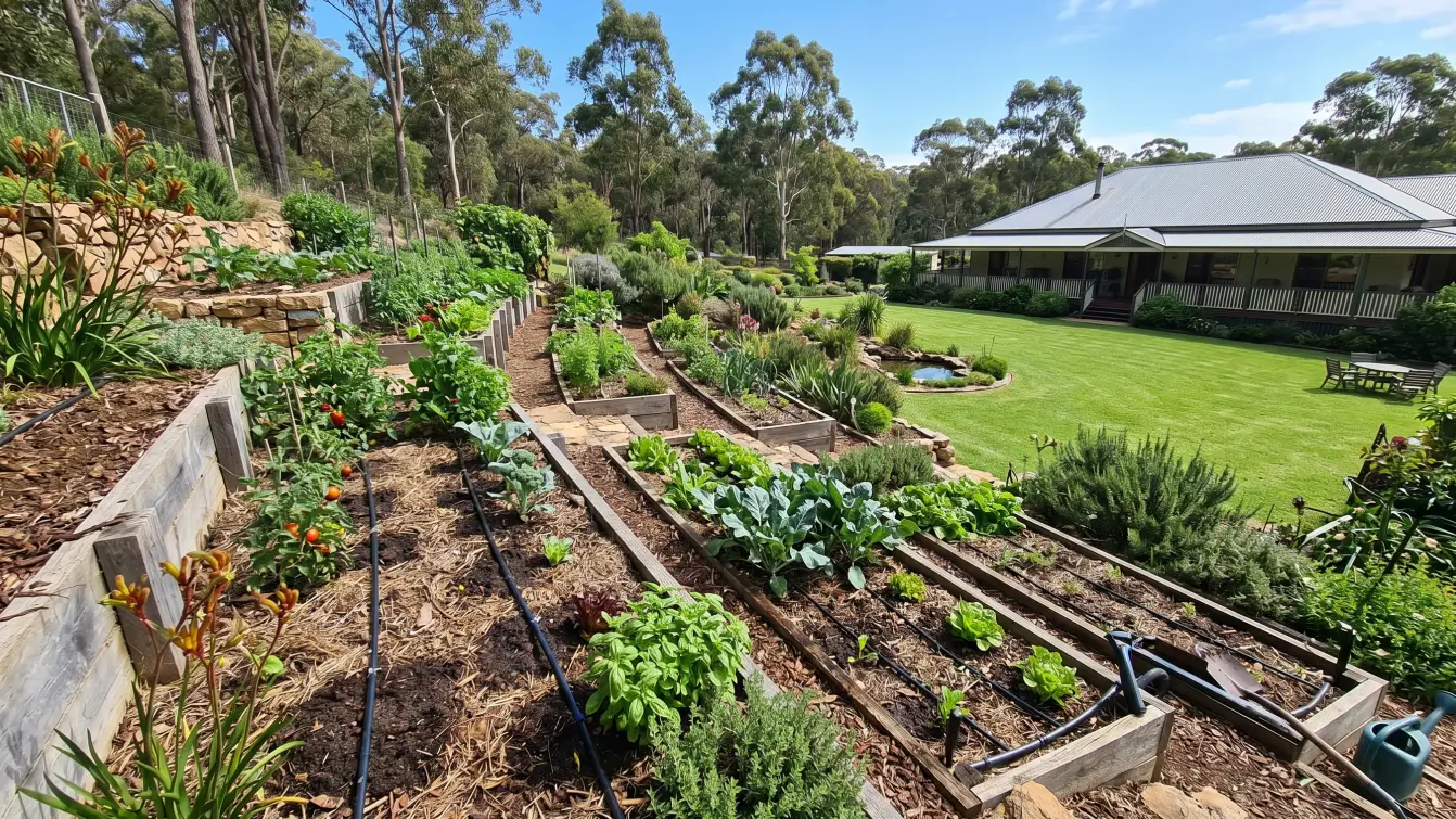 Sloped Australian garden with drip lines preventing surface soil runoff and water loss.