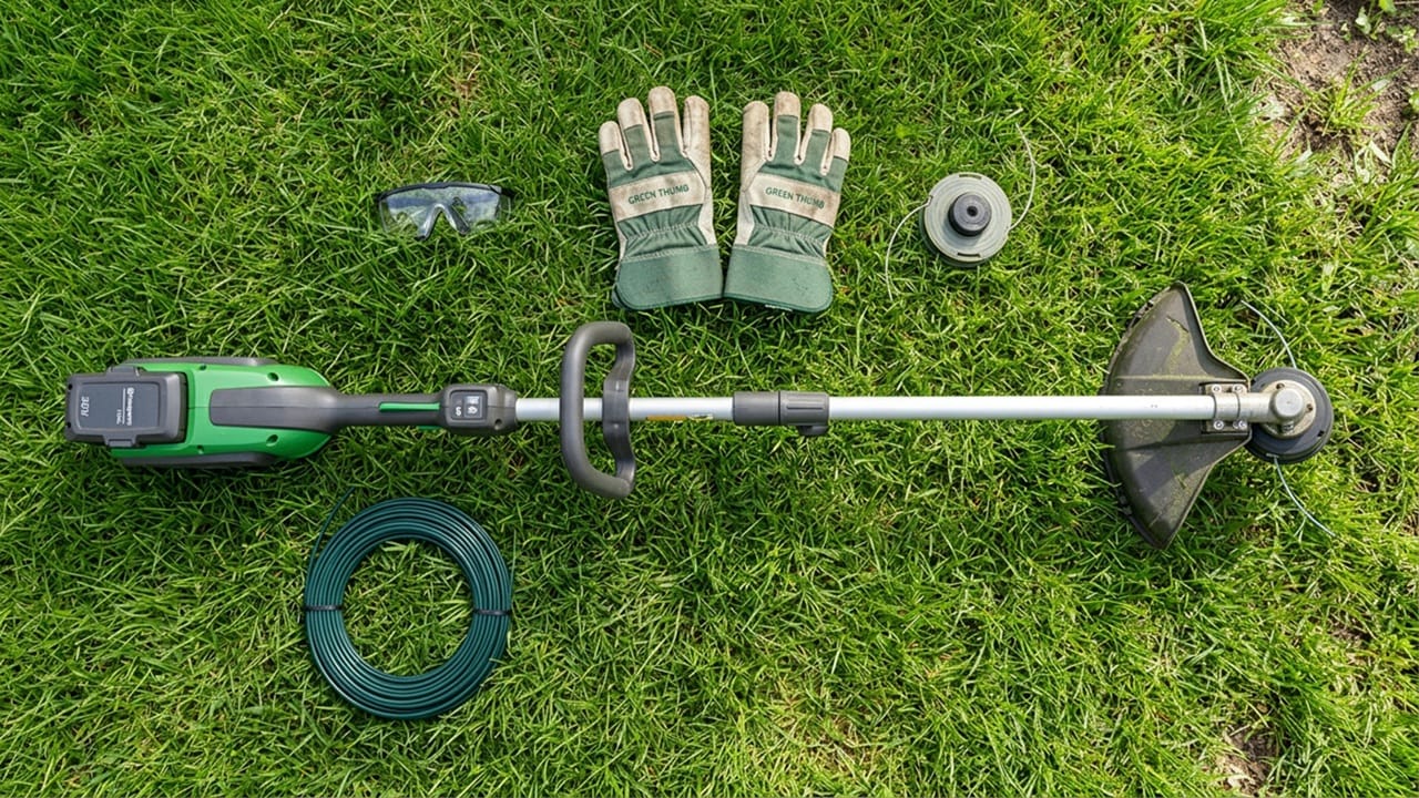 Essential gardening tools for lawn edging arranged on the grass, including a battery-powered whipper snipper, safety glasses, gardening gloves, and a string line.