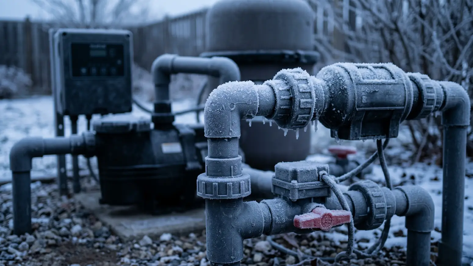 Frost-covered pool plumbing in a quiet winter equipment pad, visually representing the automatic low-temperature shut-off protecting the salt cell.