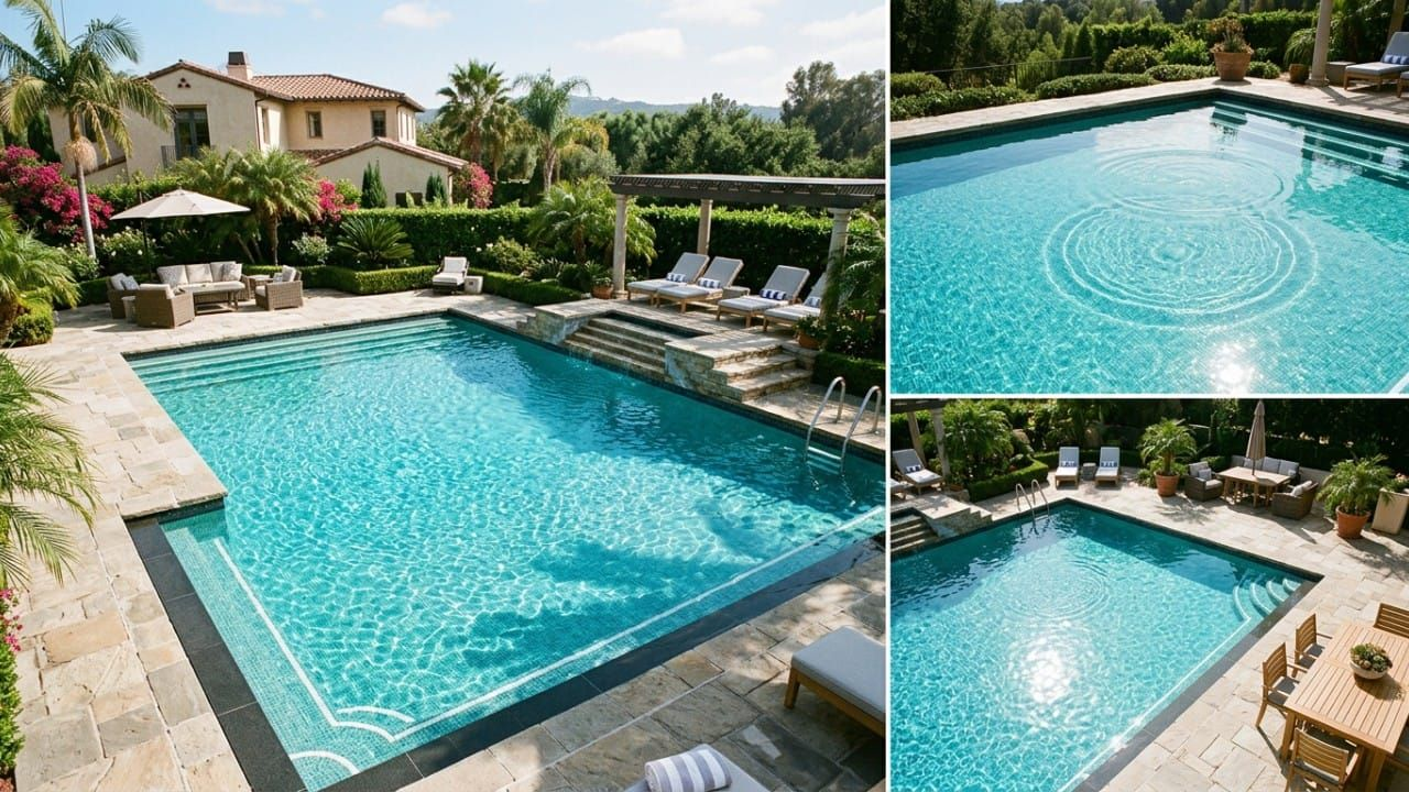 Residential swimming pool showing circular surface whirlpool flow from adjusted return jets to guide floating debris toward pool skimmer.