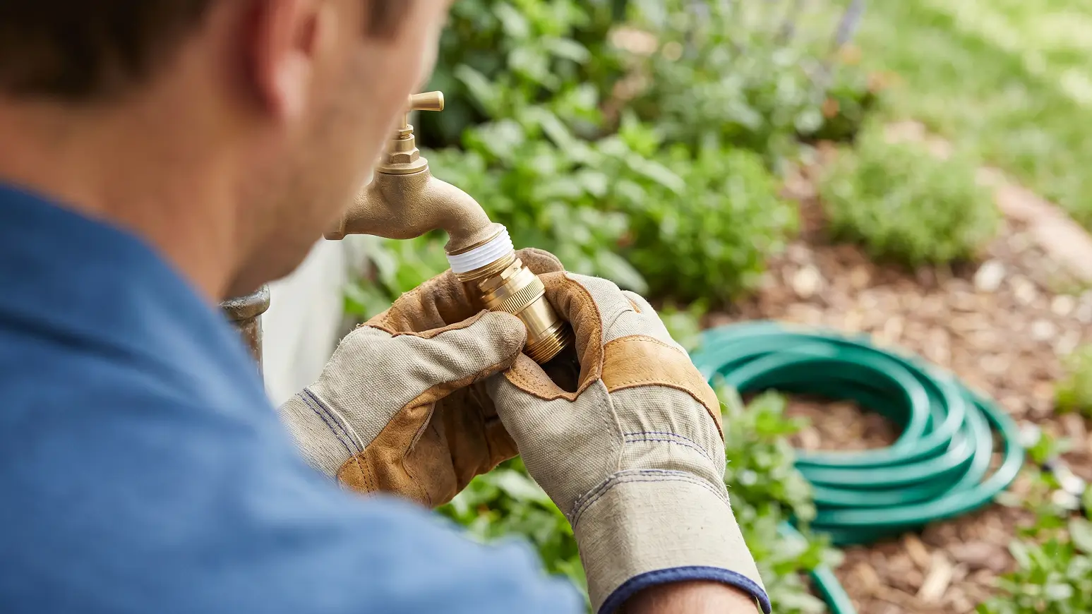Hands installing a brass pressure regulator onto an outdoor tap to protect low-pressure garden hoses.