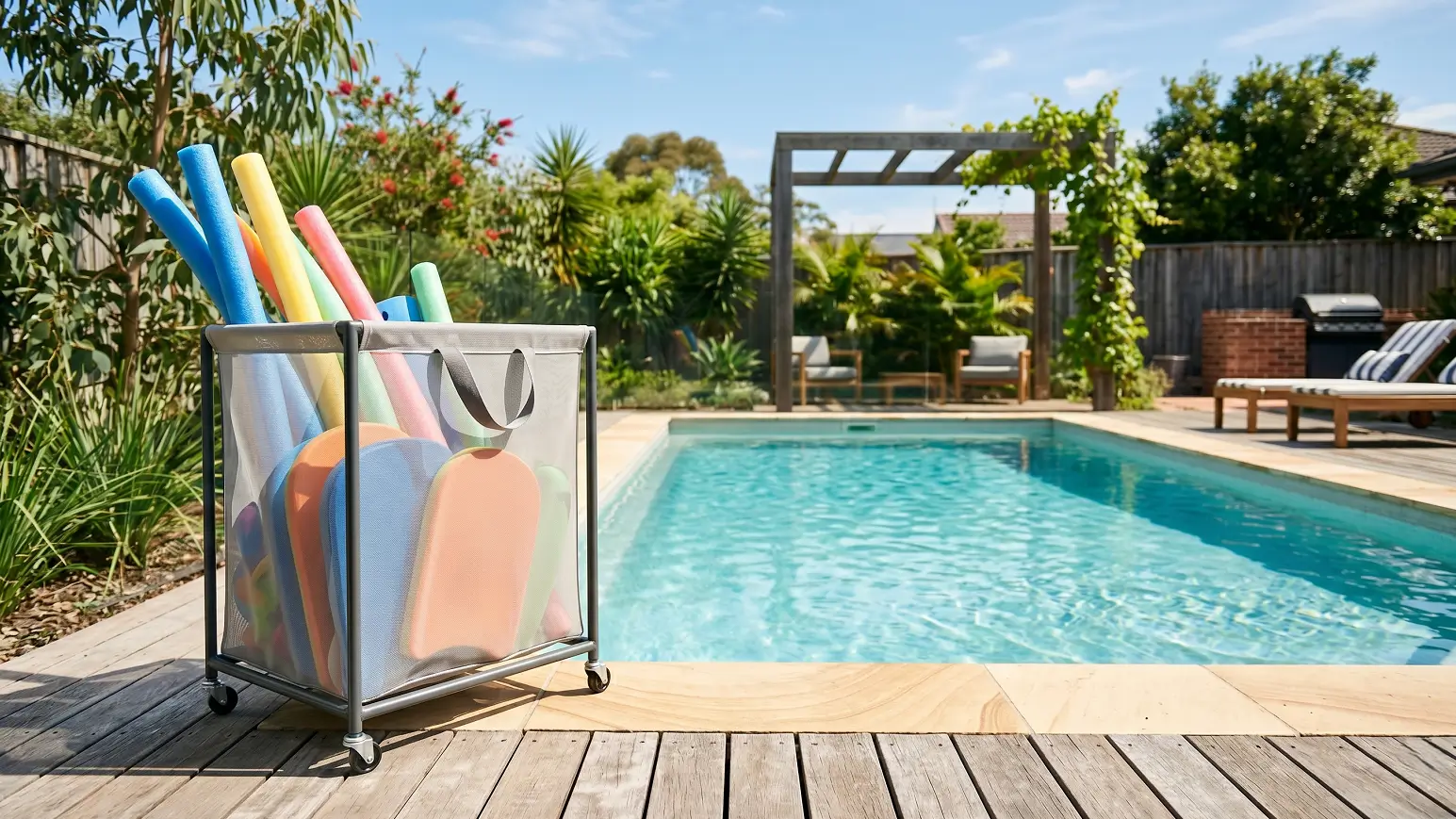 A breathable mesh rolling bin storing colorful pool toys on a sunny, clutter-free pool deck to prevent mold.