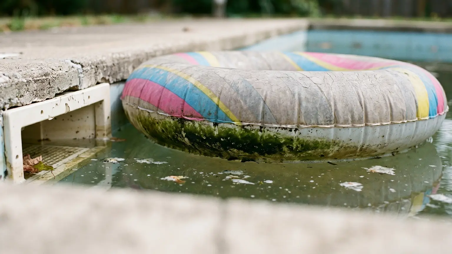 A sun-bleached inflatable pool ring showing mold and algae buildup on its underside near a pool skimmer.