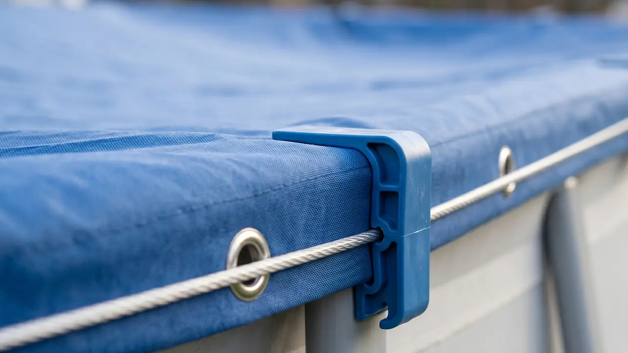 A vinyl-coated cable and plastic clip securing a pool cover to an above-ground pool wall.