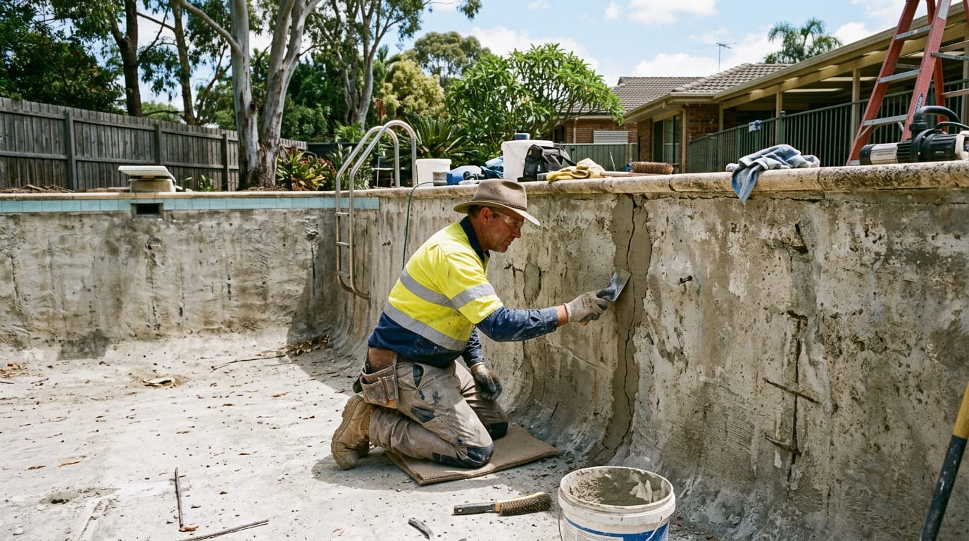 A professional contractor repairing and preparing a concrete pool shell for resurfacing.