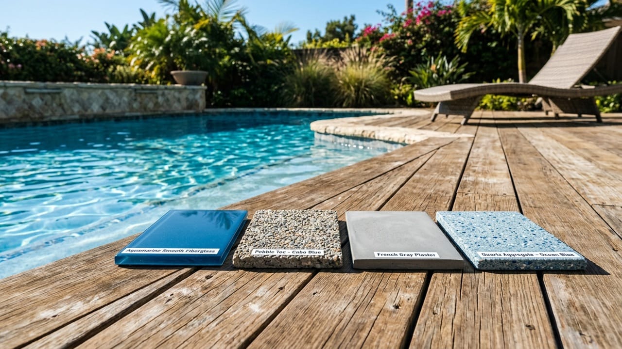 A close-up comparison of premium pool resurfacing materials including pebblecrete, fiberglass, and tiles.