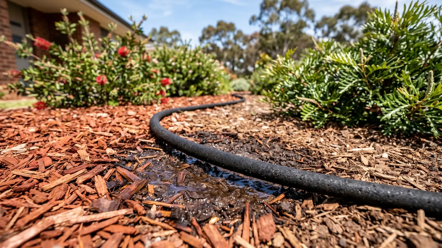 Porous weeper hose buried under mulch to slowly water shrub plant roots.