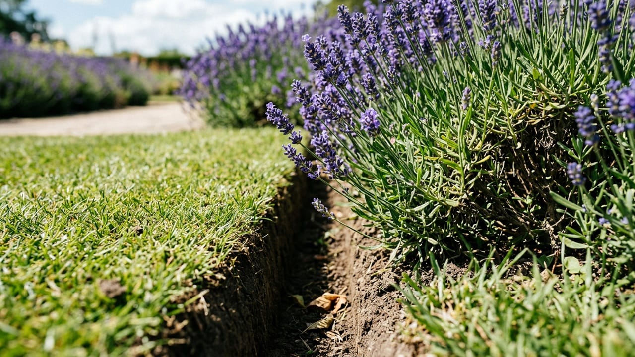 A close-up view of a sharp, professional V-shaped trench edge separating the green lawn from a garden bed, creating a clean shadow line.