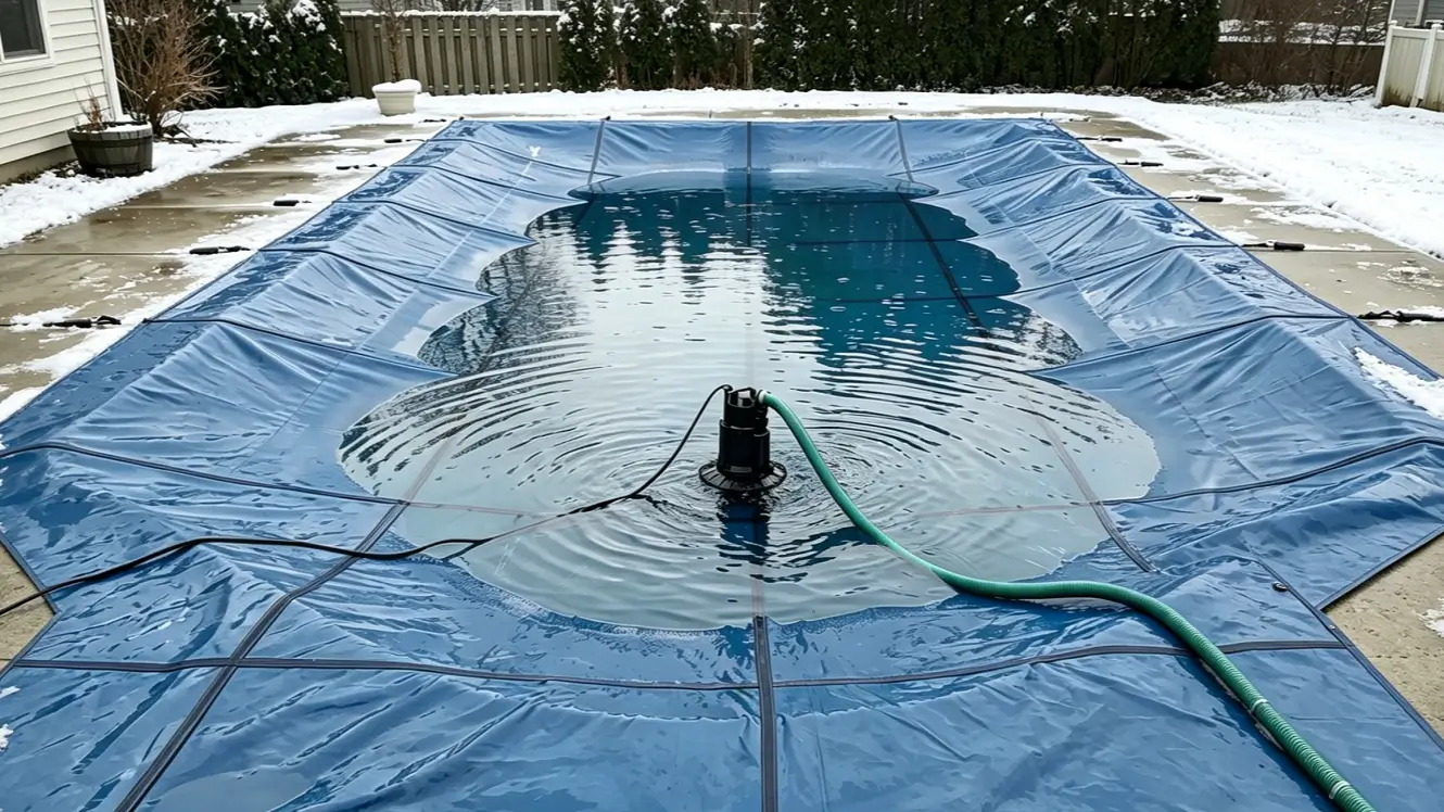 Submersible pump pumping accumulated rainwater off sagging blue winter pool cover.