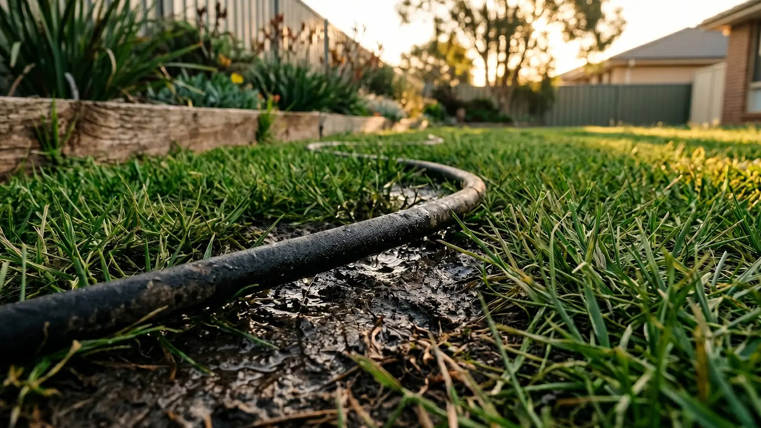 Black perforated soaker hose laid across residential lawn, dampening topsoil with wide surface watering.