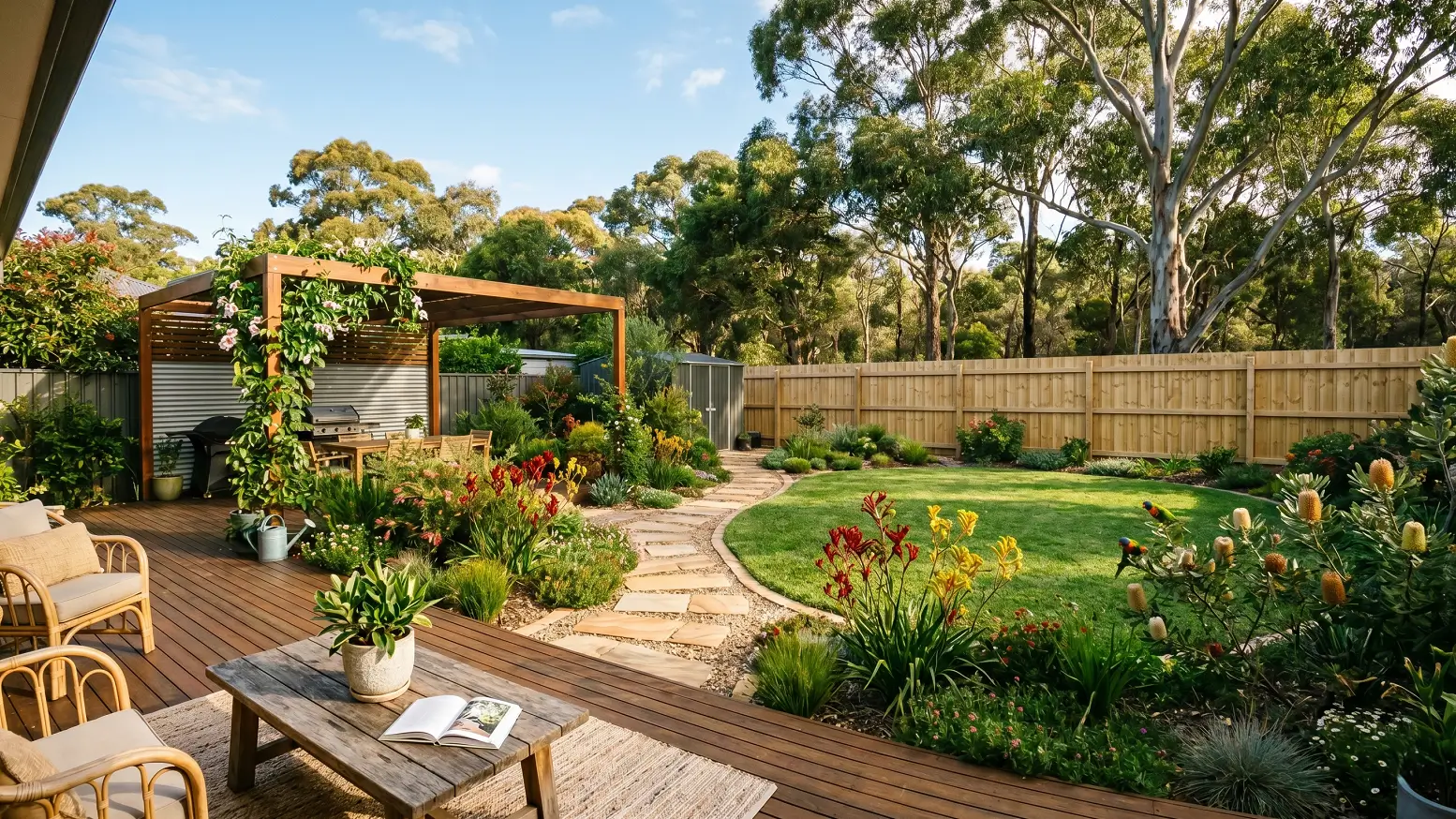 Large mixed Australian backyard garden; pick matching irrigation hose to water lawn, shrubs and flower beds efficiently.