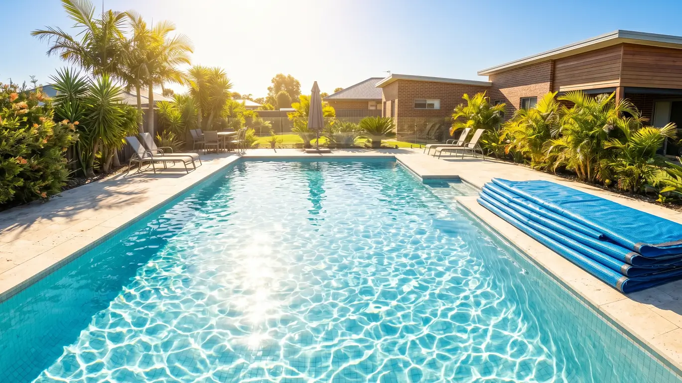 Bright direct sunlight hitting an uncovered outdoor swimming pool to naturally reduce high chlorine levels.