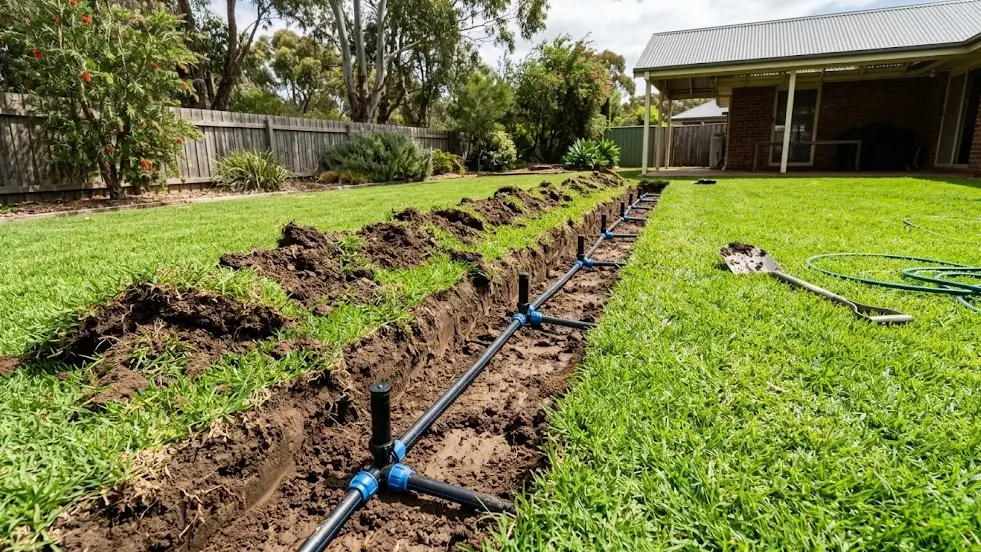 Trench dug across Australian backyard lawn for installing expensive underground irrigation piping required for conventional wired WiFi sprinkler controllers.