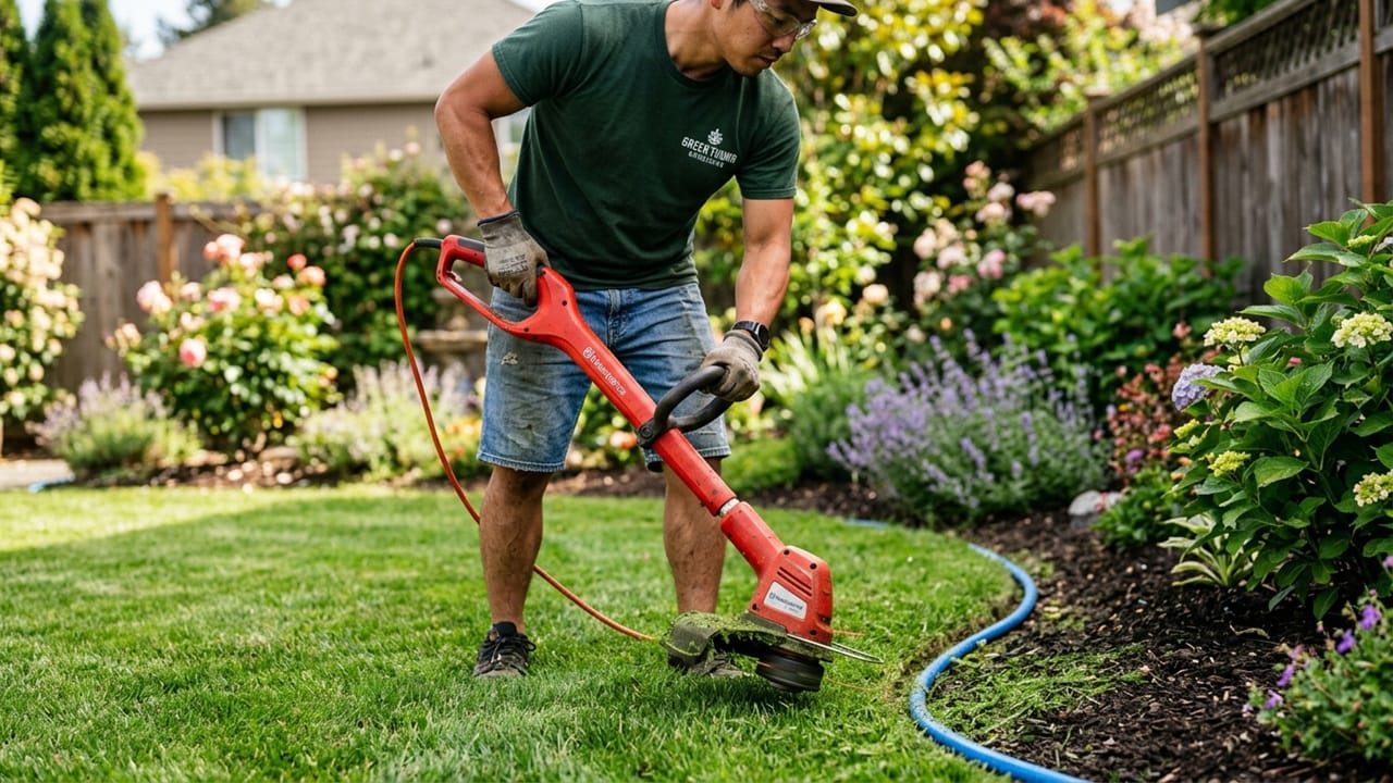 A close-up of a gardener using a line trimmer vertically to create a clean, crisp edge along a garden bed guided by a flexible hose.