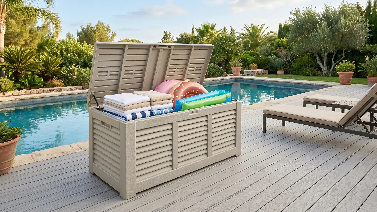 Ventilated weatherproof outdoor deck box storing dry towels and deflated pool inflatables beside residential swimming pool.