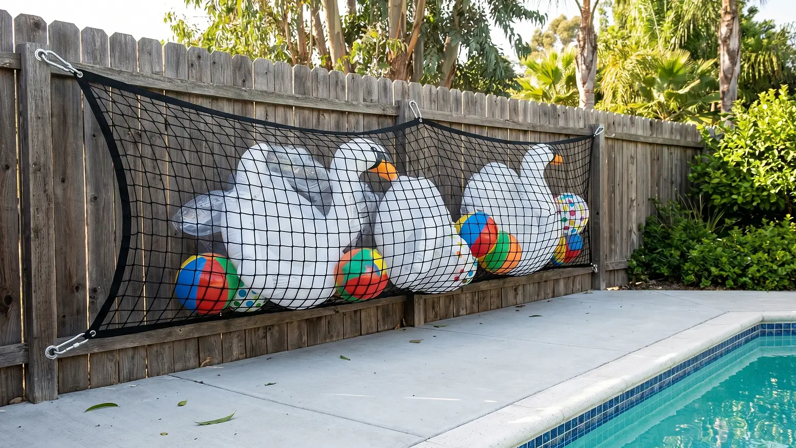 Heavy-duty weather-resistant cargo net hung on wooden fence to store bulky pool floats and free up pool deck walking space.