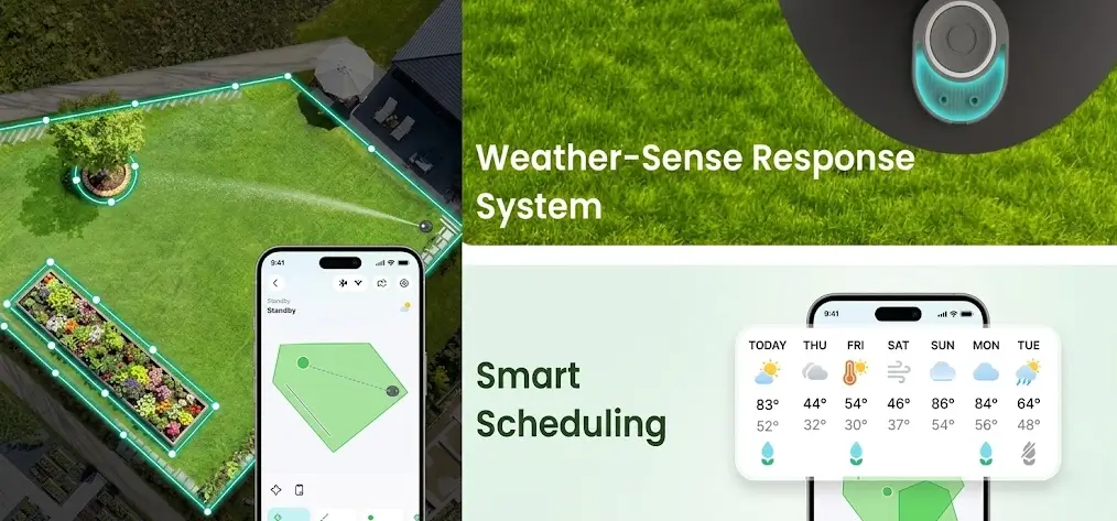 WiFi smart sprinkler features weather-responsive scheduling and independent zone irrigation controlled by smartphone app for Australian home garden.