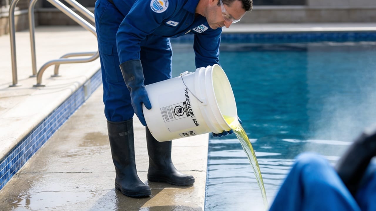 A person wearing protective gloves and safety glasses pouring diluted hydrochloric acid into the deep end of a swimming pool.