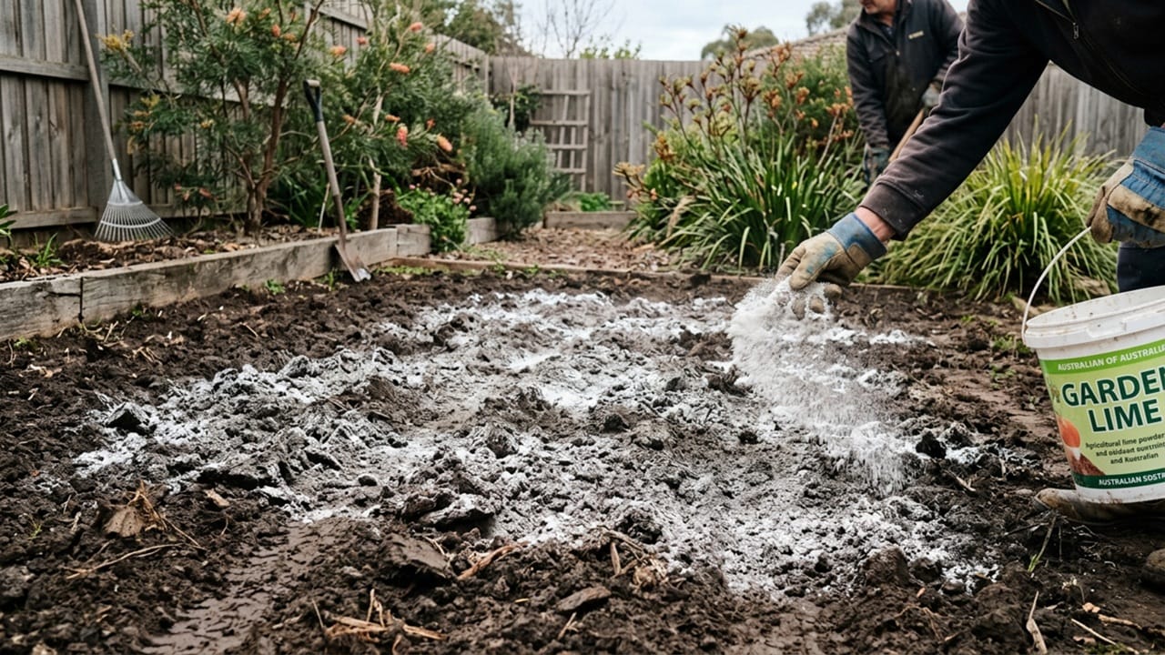 A gardener spreading white agricultural lime powder evenly across a garden plot to neutralize acidic soil in winter.
