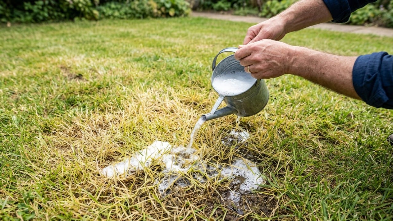 A gardener applying liquid treatment to the lawn border with a hand sprayer during the soft light of dusk.