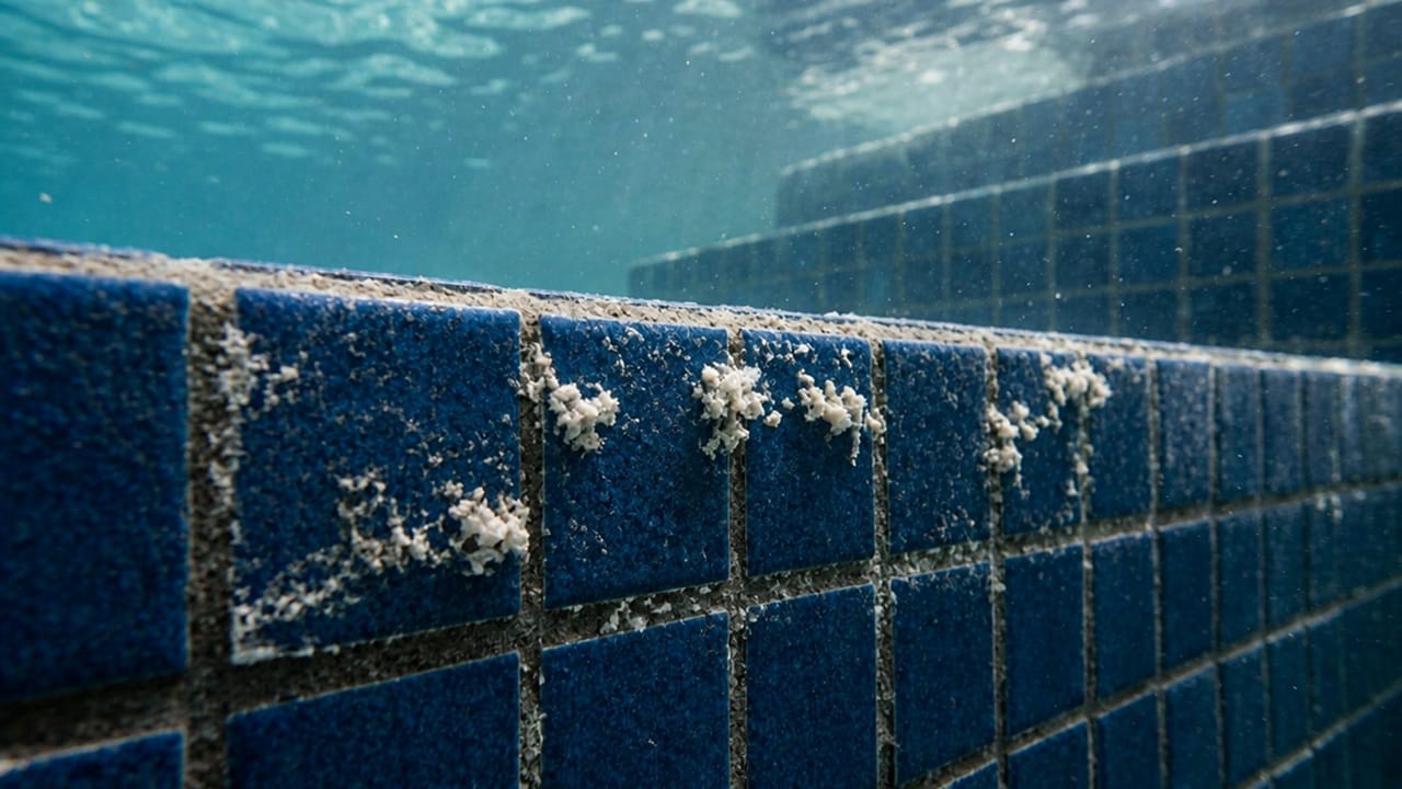 A close-up shot of rough, white calcium scale buildup on pool tiles and steps caused by high total alkalinity.