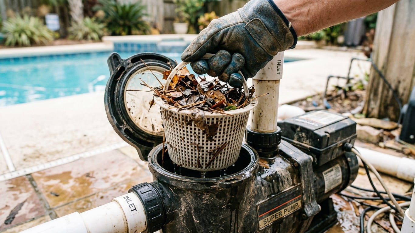 A close-up of a person removing a pump strainer basket clogged with dry leaves and twigs to improve pool water circulation.