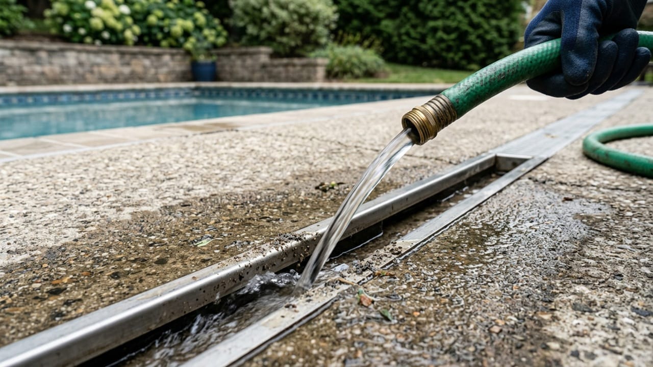 Flushing a narrow pool deck slot drain with a standard garden hose to clear sediment