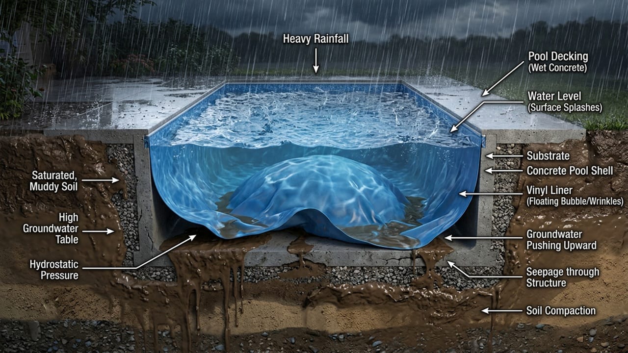 A 3D cross-section illustration showing how saturated soil and groundwater pressure push up against a vinyl pool liner, causing it to wrinkle.