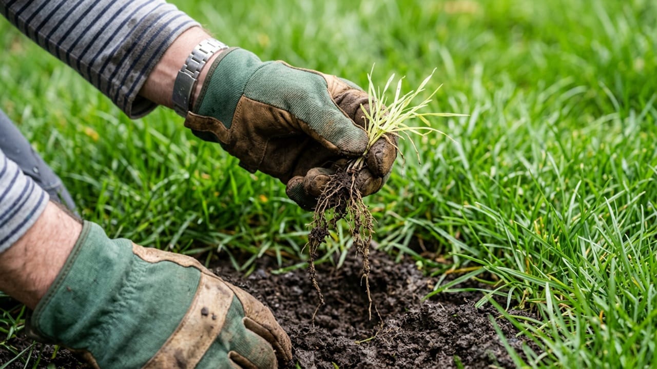 A gardener wearing gloves safely hand-pulling a small winter grass weed from its roots in a lawn.