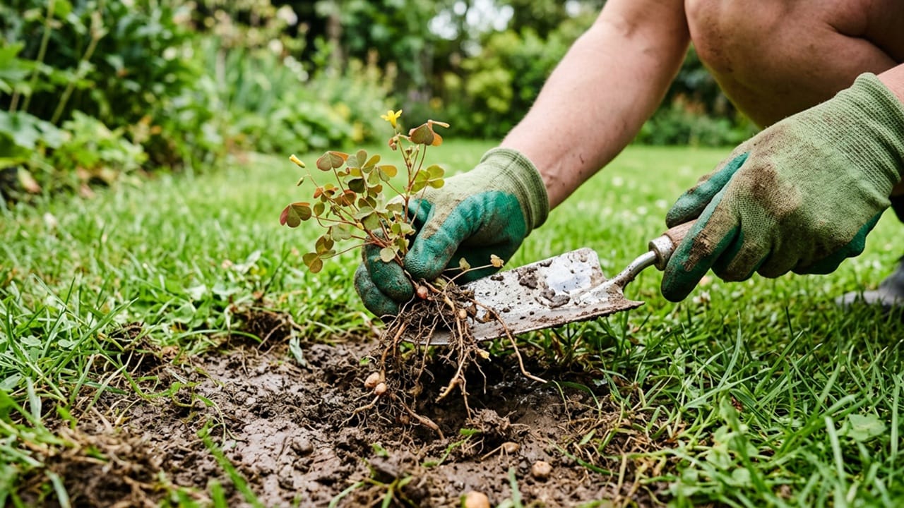 Gardener using a hand trowel to dig out creeping oxalis roots from lawn soil.