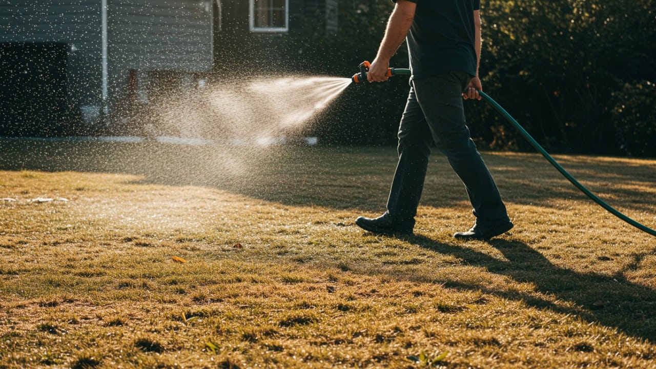 A close-up of a gardener using a hose fitted with a mandatory trigger nozzle to water plants efficiently without runoff.