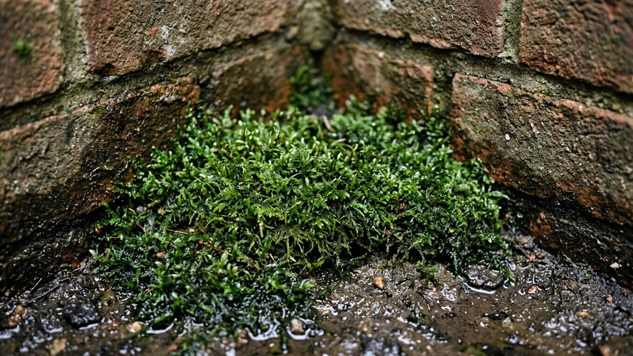 A close-up of thick green moss thriving in a damp, shaded, and compacted soil environment near a house foundation.