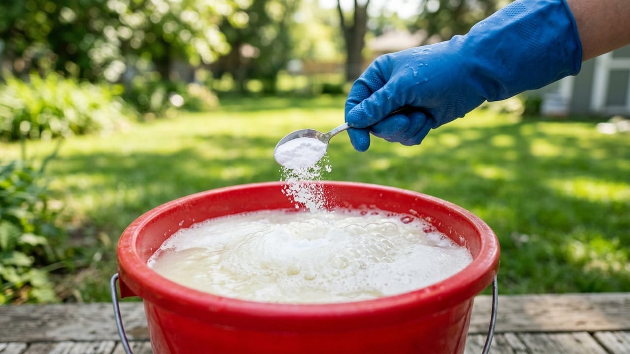 A hand wearing blue gloves slowly pouring white baking soda into a bucket of diluted pool acid, causing a visible foaming chemical reaction.
