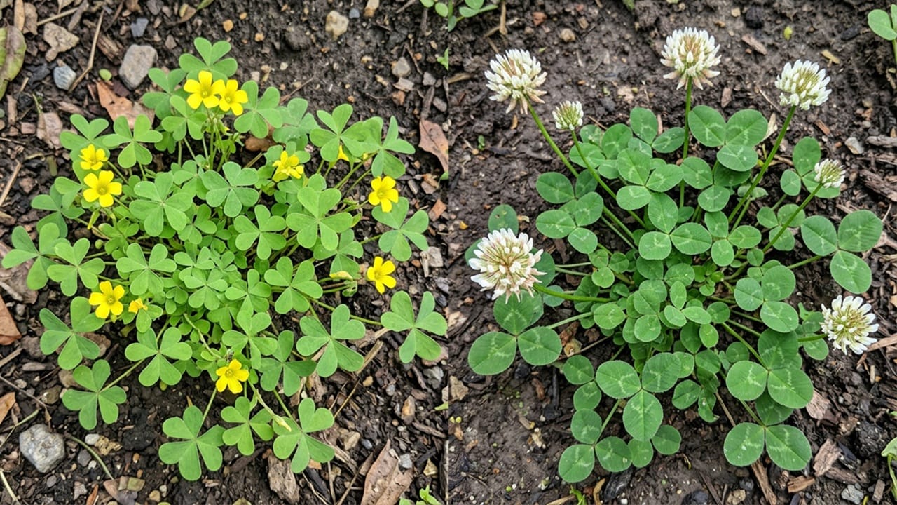 Visual comparison of oxalis heart-shaped leaves versus clover round leaves for lawn identification.