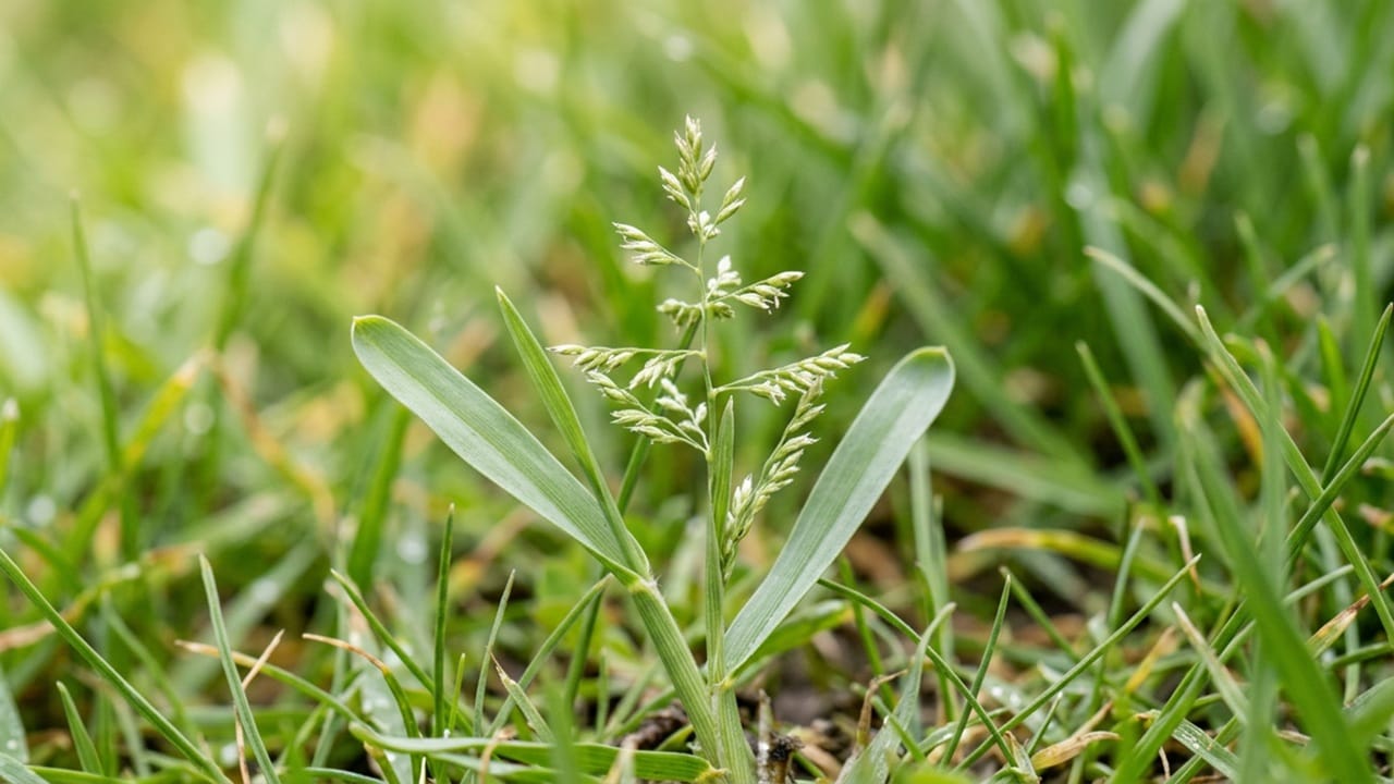 Close-up identification of winter grass showing pale green narrow leaves and triangular seed heads.