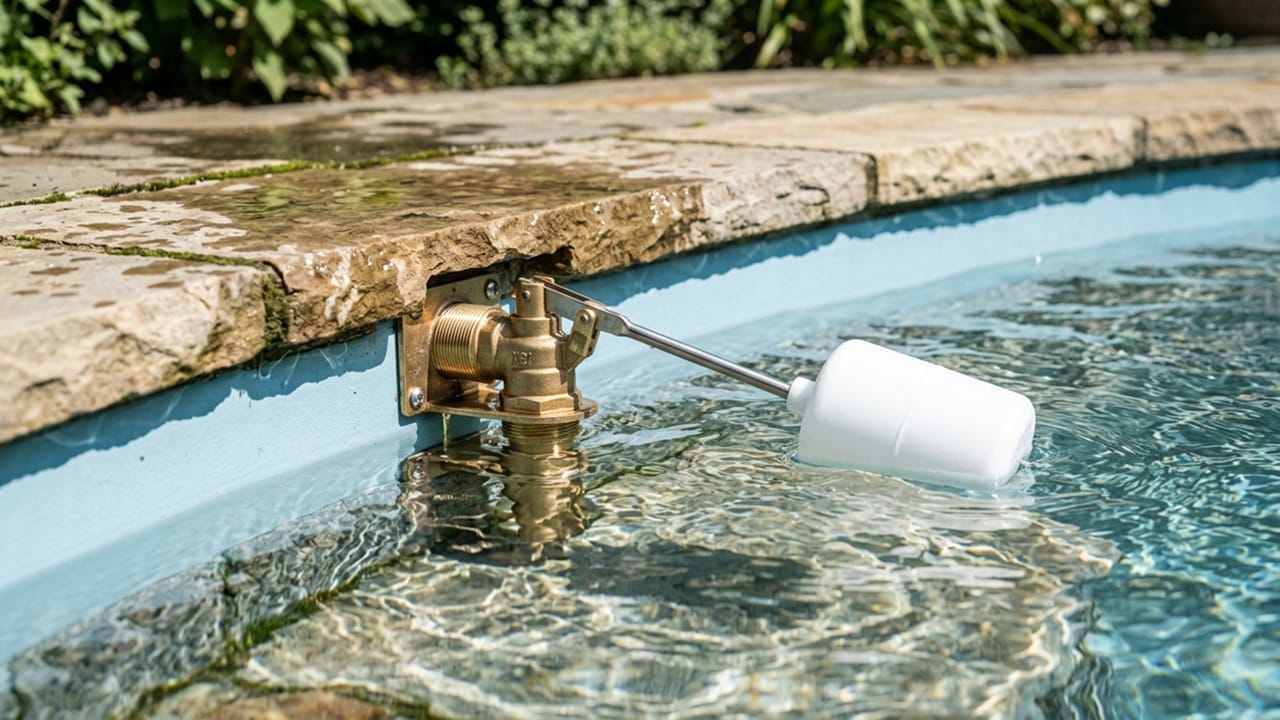 A close-up shot of an automatic pool water leveler's mechanical float valve resting inside its housing on the pool edge.