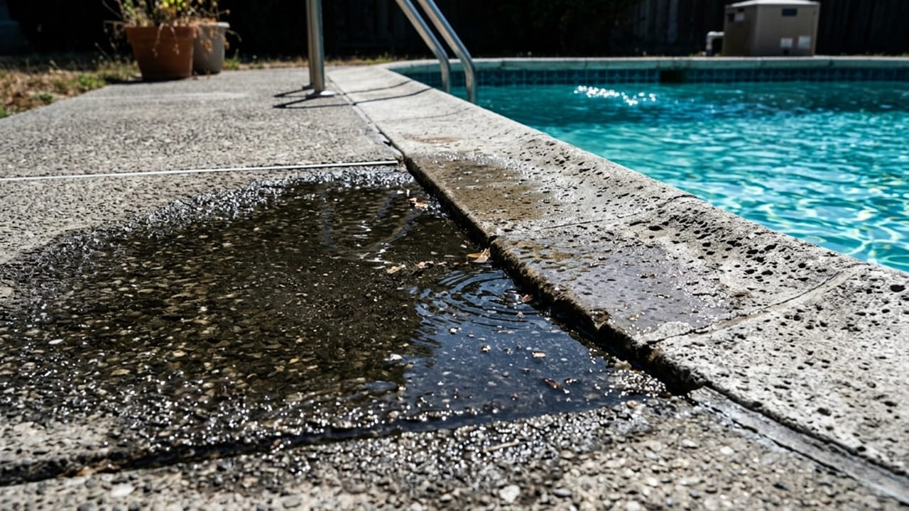 A close-up of water pooling on the concrete deck next to a swimming pool, indicating potential overflow or hidden leak risks.