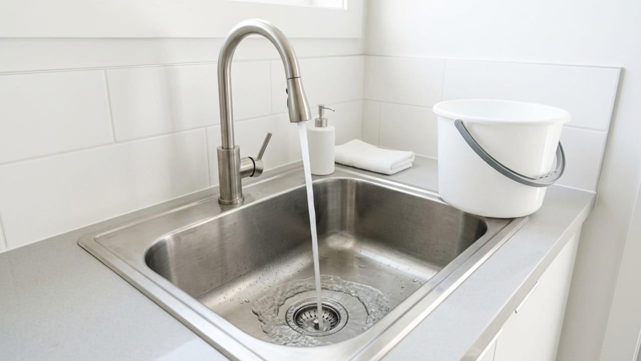 A clean stainless steel laundry sink with a running tap flushing water down the drain after safe disposal.