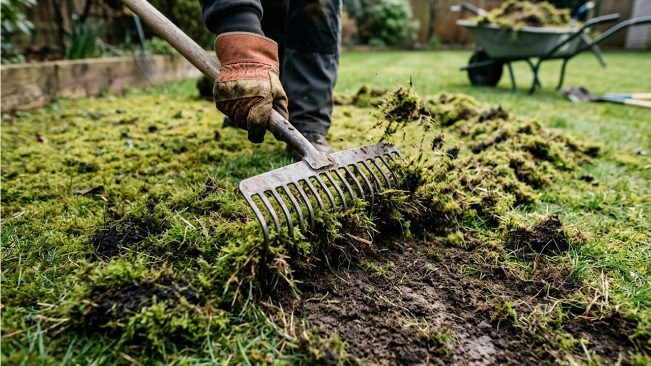 A gardener using a rigid garden rake to remove dead moss and dethatch an Australian lawn.