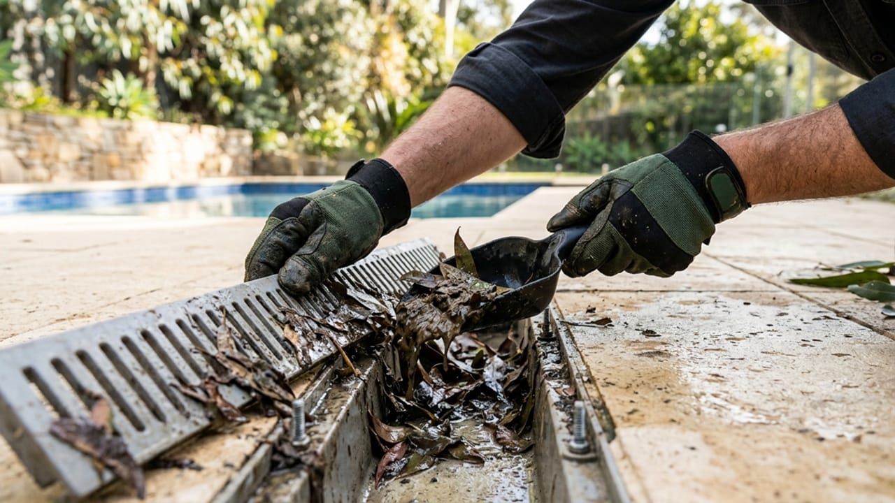A person wearing gloves removing trapped leaves and debris from a pool deck channel drain