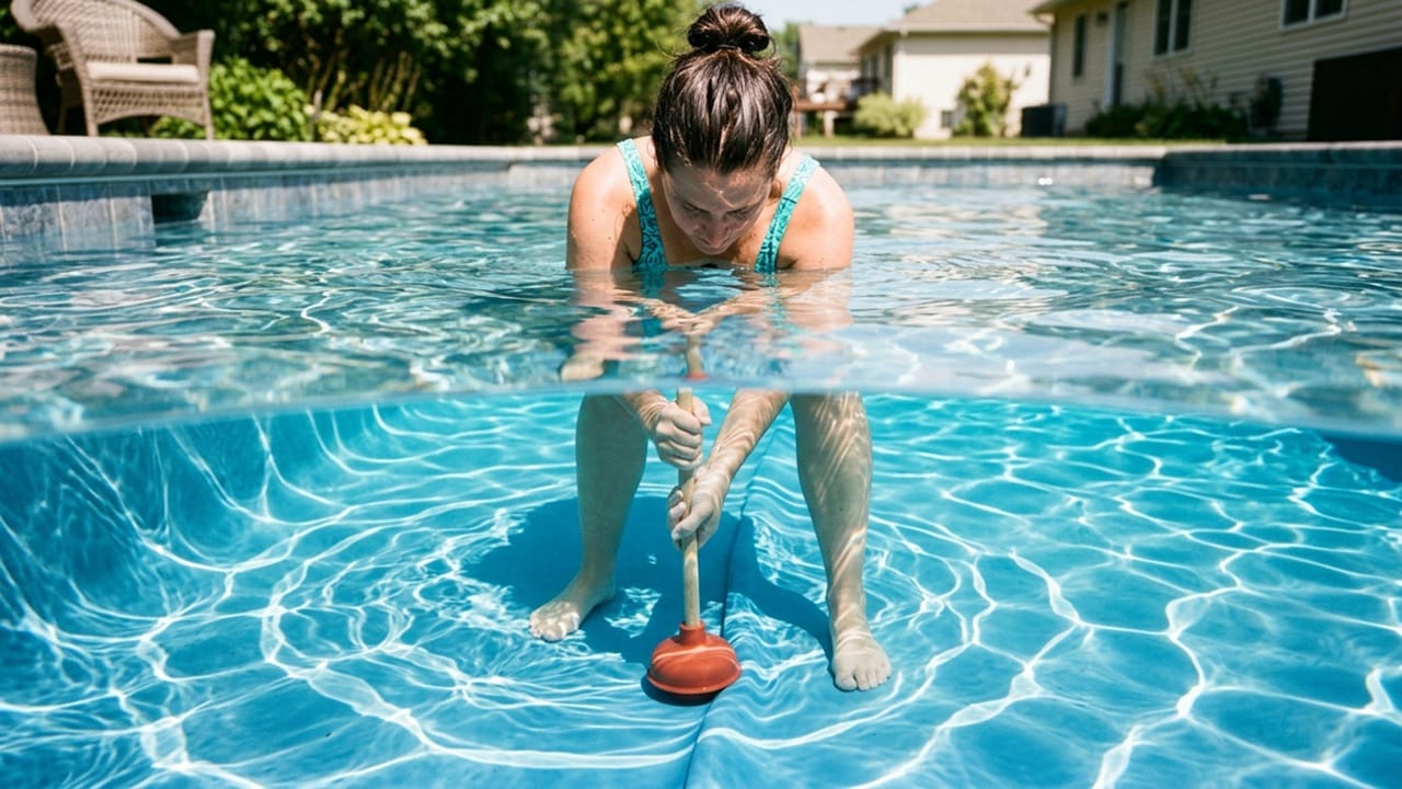 A person standing in a swimming pool using a clean toilet plunger to safely smooth out wrinkles on a blue vinyl liner.