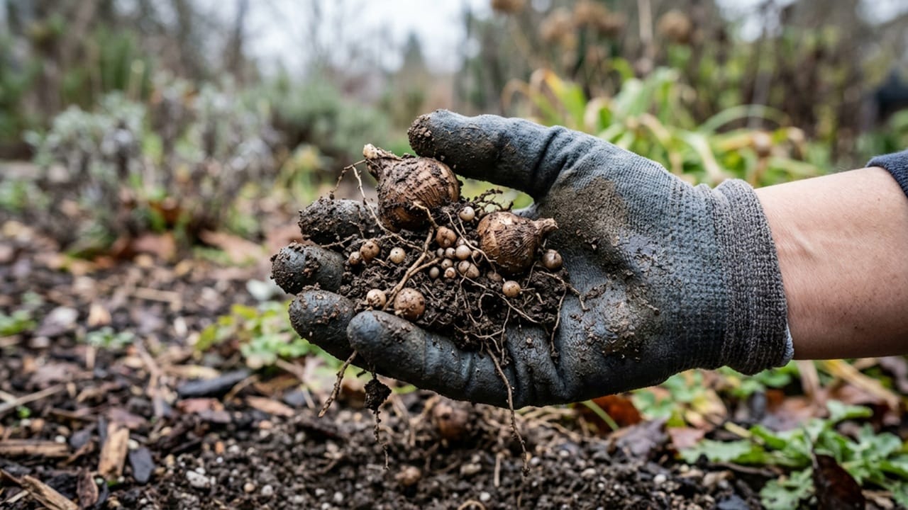 Digging up soursob oxalis main bulbs and bulbils from garden soil.